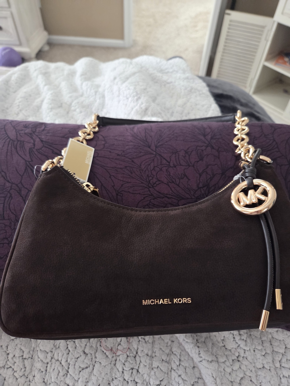 Michael Kors Chocolate Brown Suede Shoulder Bag with Gold Hardware